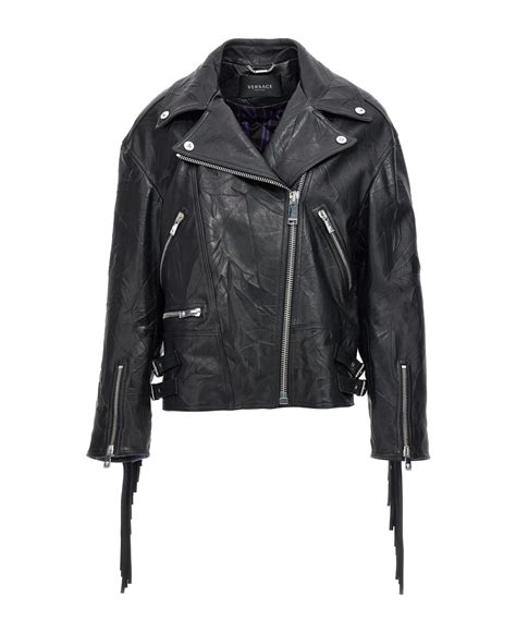 versace seidenmantel|Versace black leather jacket.